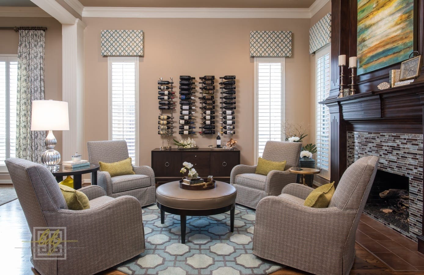 dallas interior design living room wine fireplace round seating