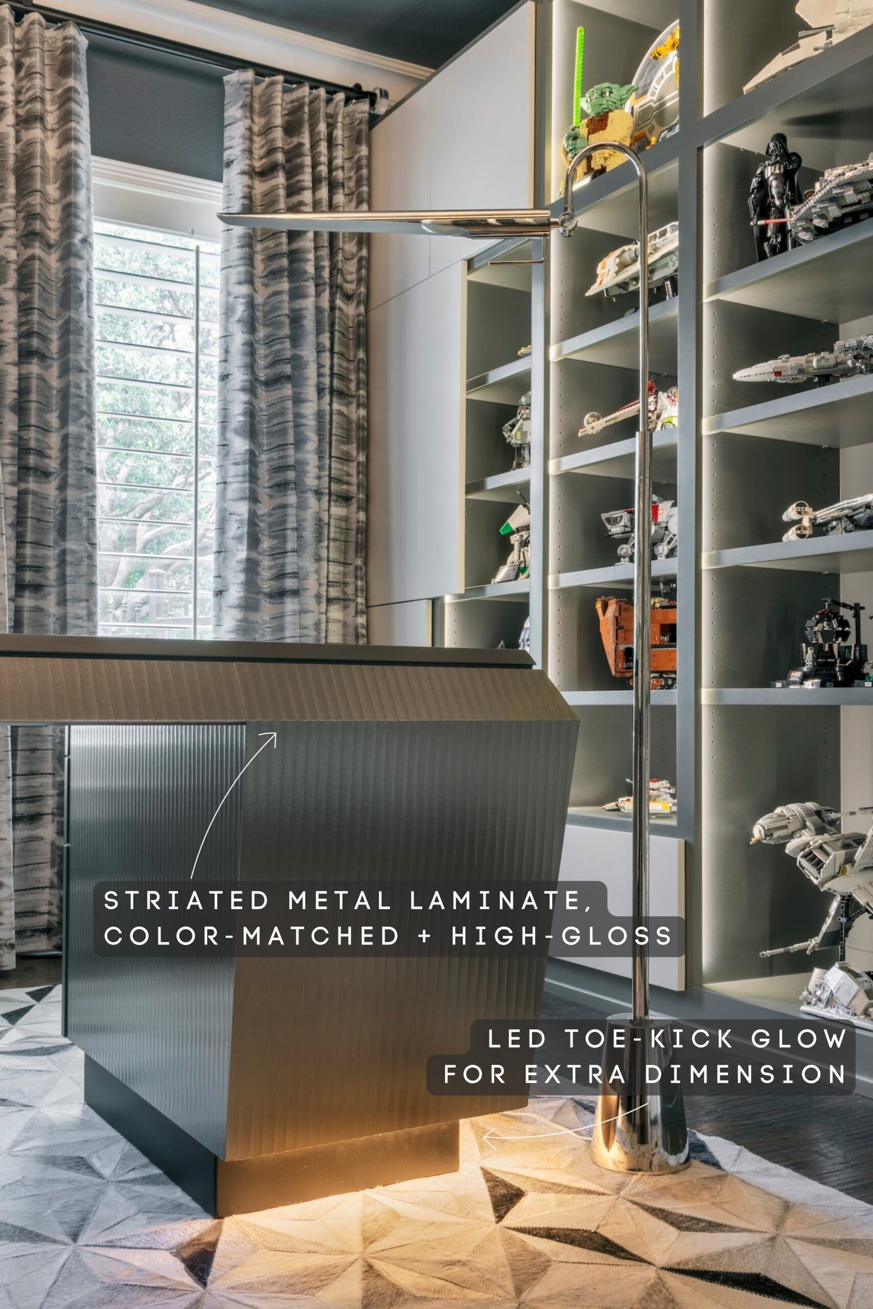 High-gloss striated metal desk with an LED toe-kick glow in a luxury DFW home office