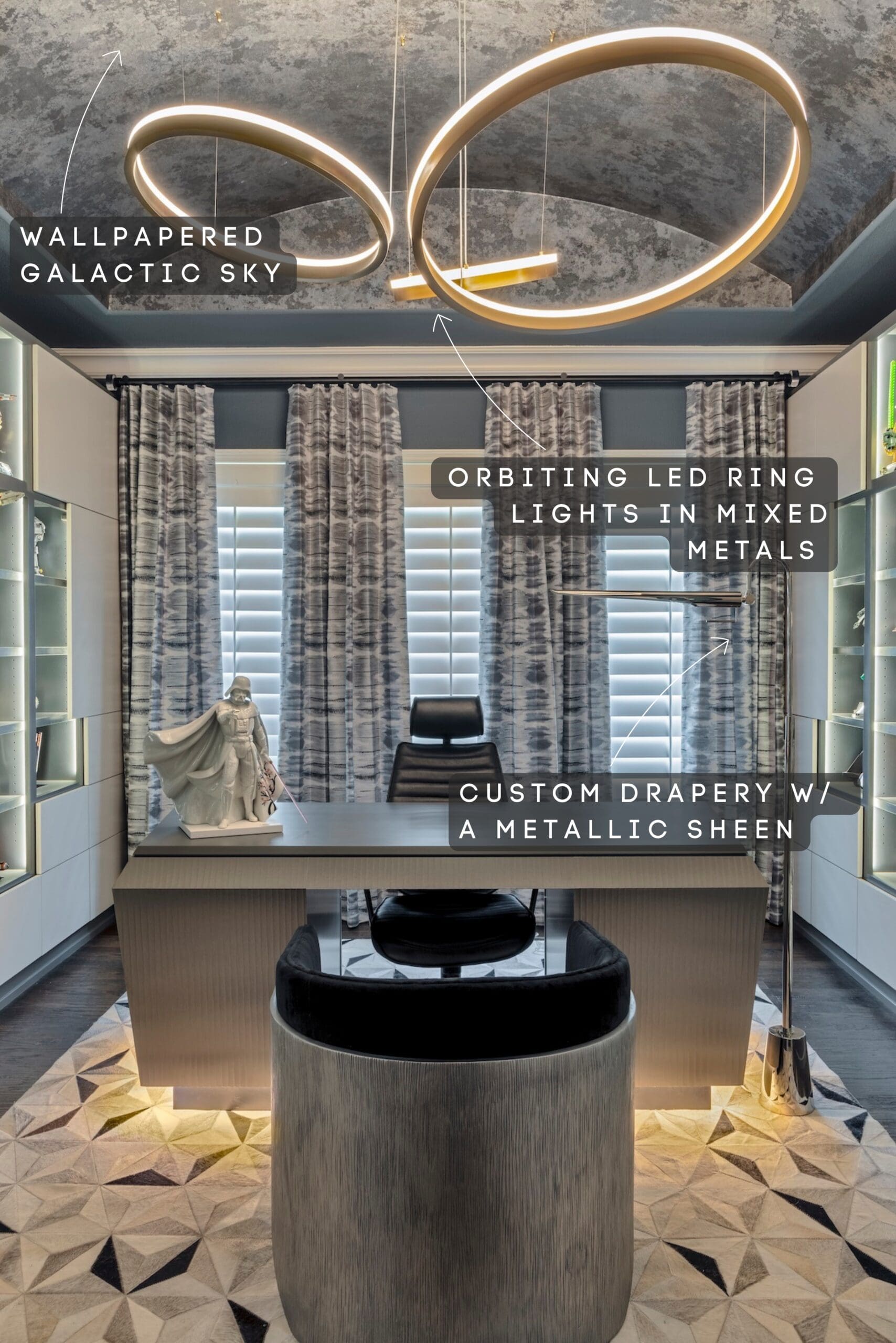 Galactic-finish wallpaper ceiling with an orbiting LED ring chandelier in mixed metals