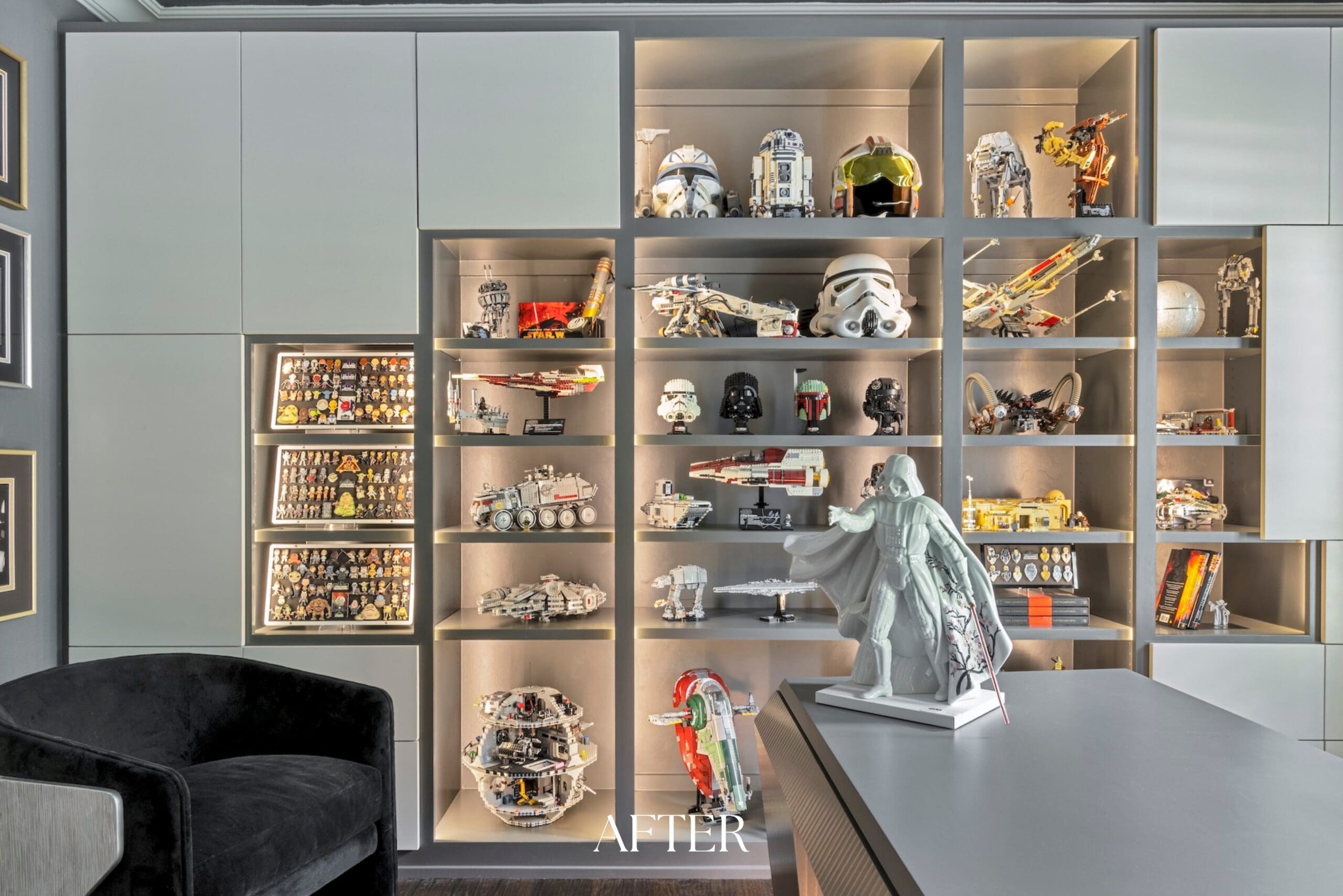 Backlit gallery shelving displaying a curated collection in a renovated home office